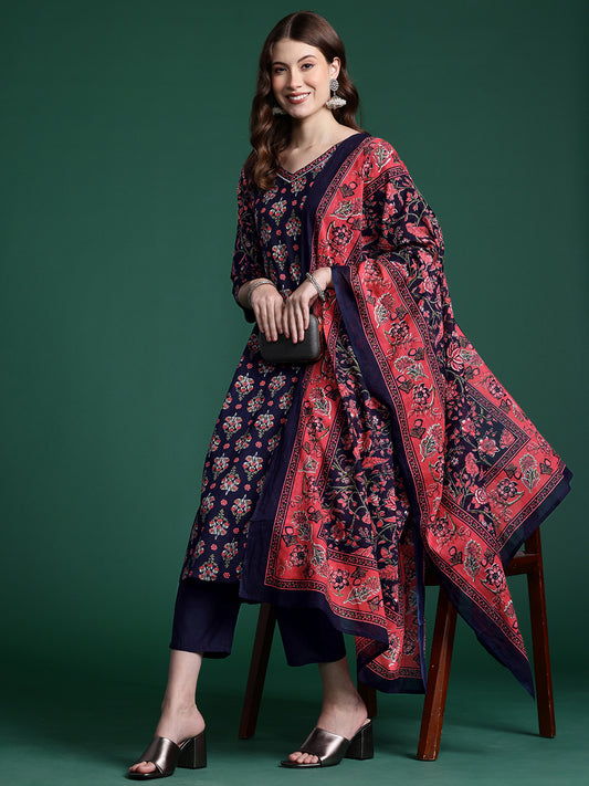 IE Navy Blue Printed A-Line Kurta Trousers With Dupatta set