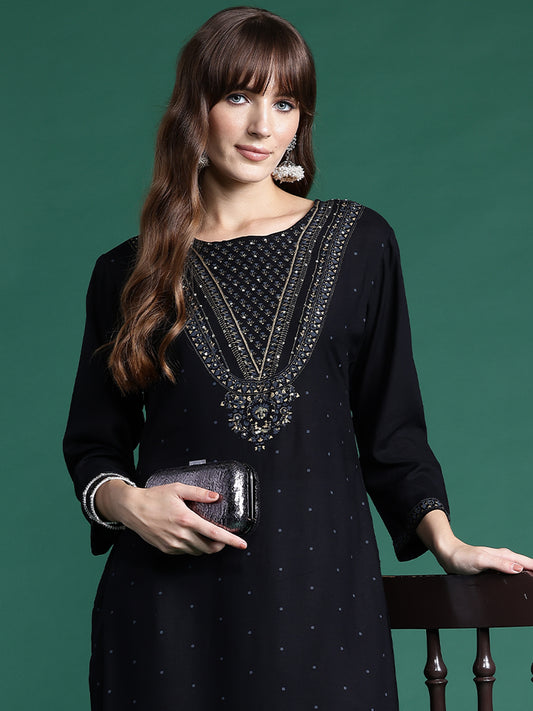 IE Black Printed Straight Kurtas