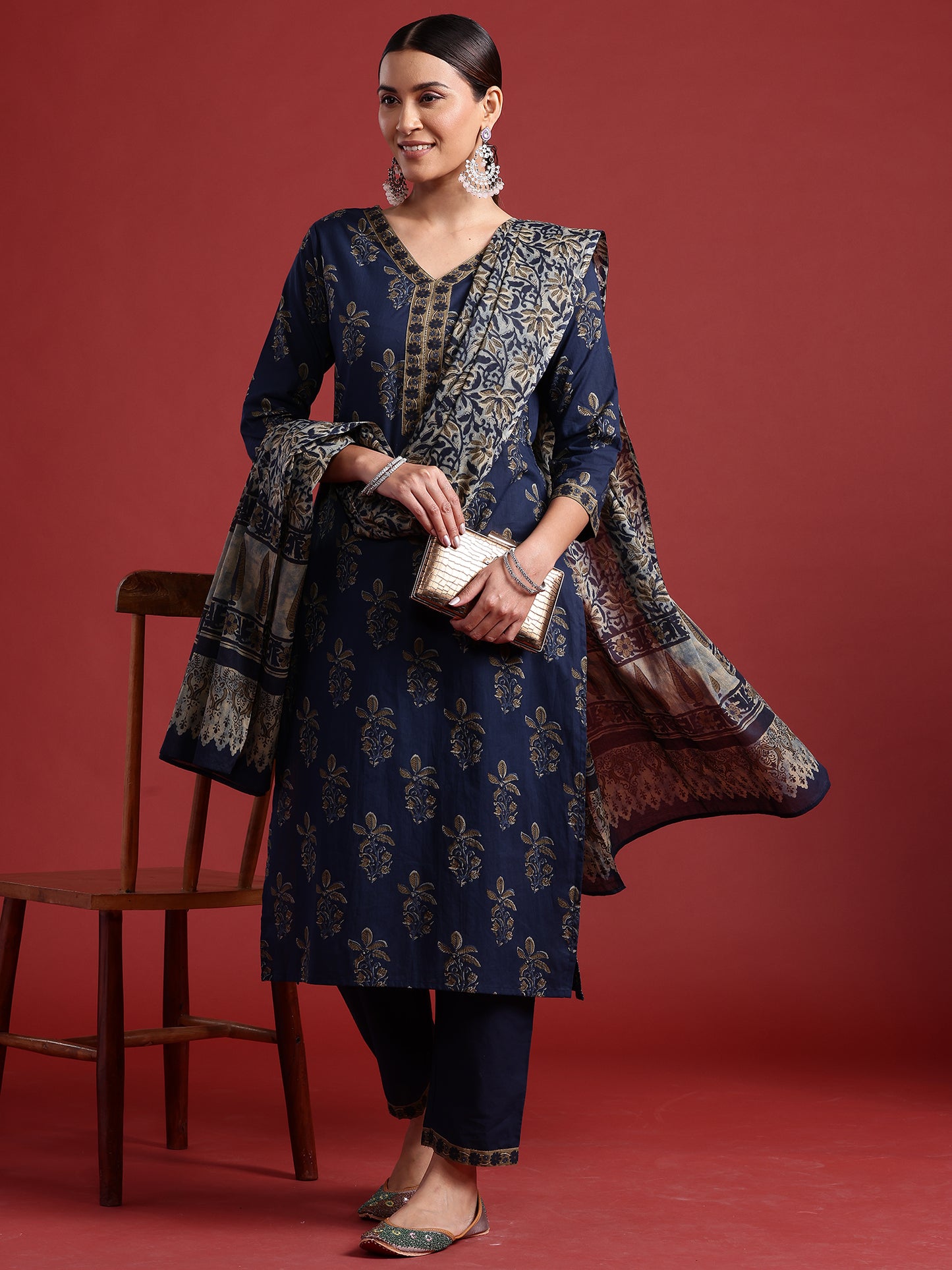 IE Blue Printed Straight Kurta Trousers With Dupatta set