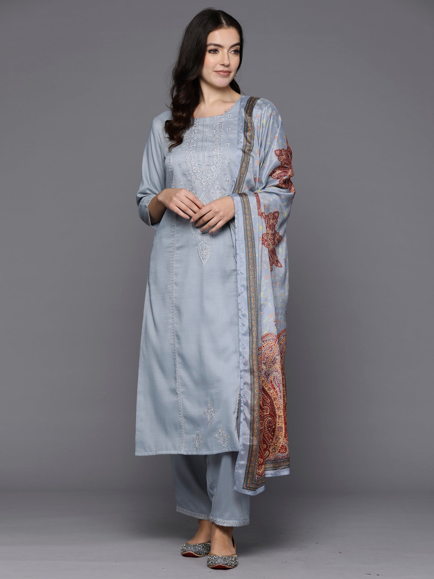 IE Grey Embroidered Straight Kurta Trousers With Dupatta set