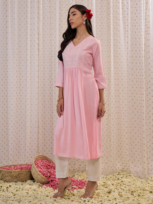 IE Pink Embroidered A-Line Kurtas