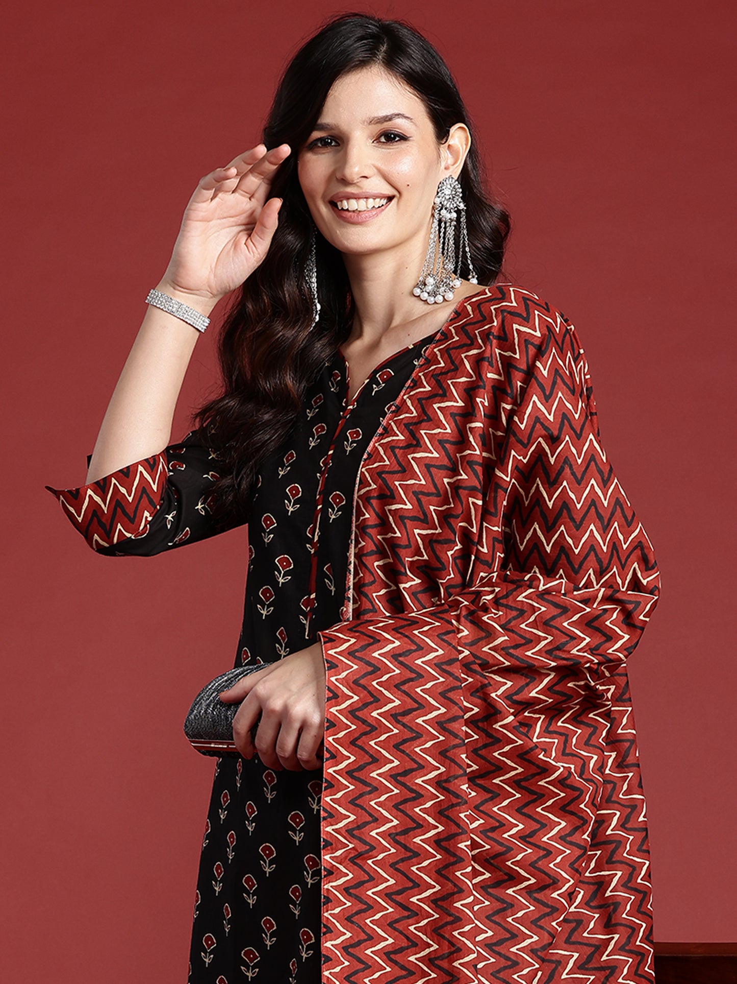 IE Black Printed Straight Kurta Trousers With Dupatta set