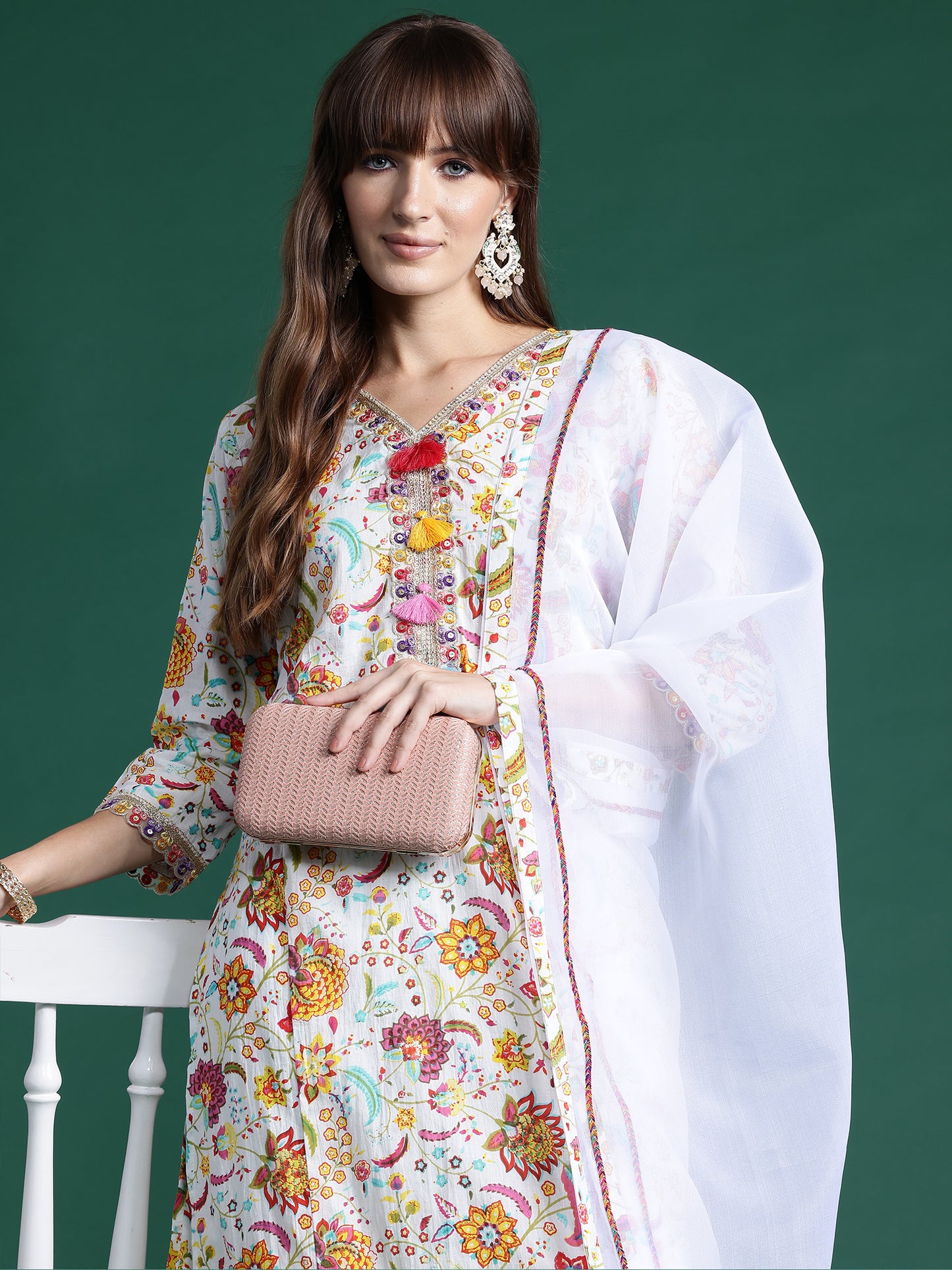 IE Off White Printed Straight Kurta Trousers With Dupatta set