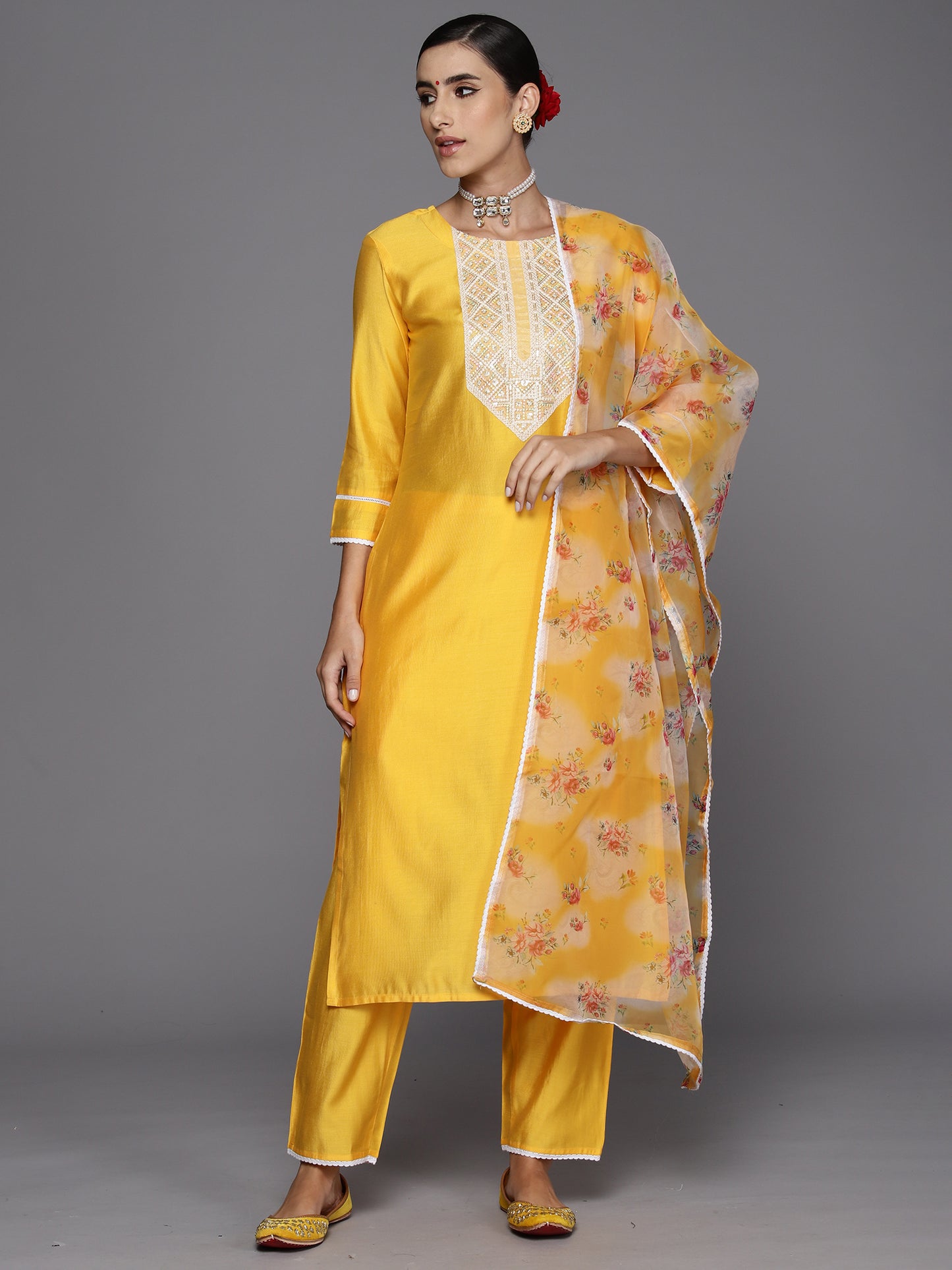 IE Yellow Embroidered Straight Kurta Trousers With Dupatta Set