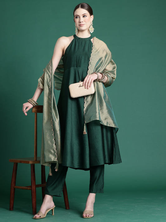 IE Green Solid A-Line Kurta Trousers With Dupatta set