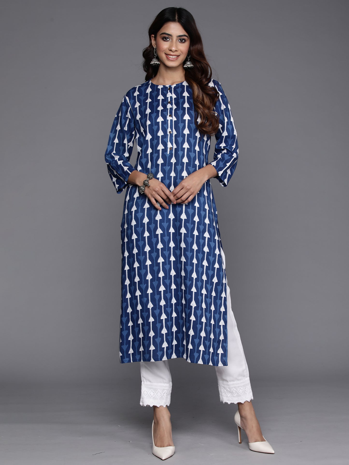 IE Navy Blue Printed Straight Kurtas