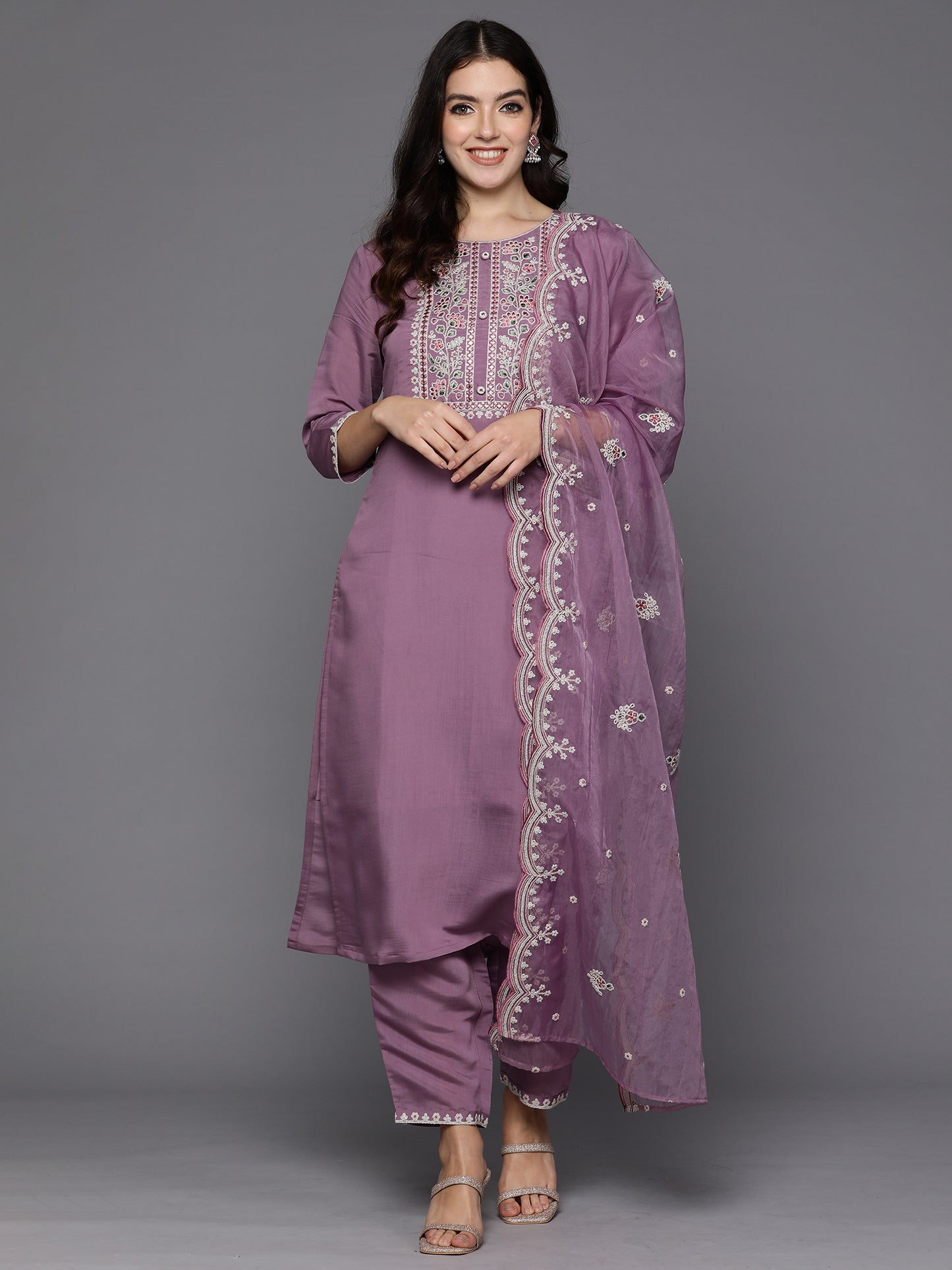 IE Lavender Embroidered Straight Kurta Trousers With Dupatta set