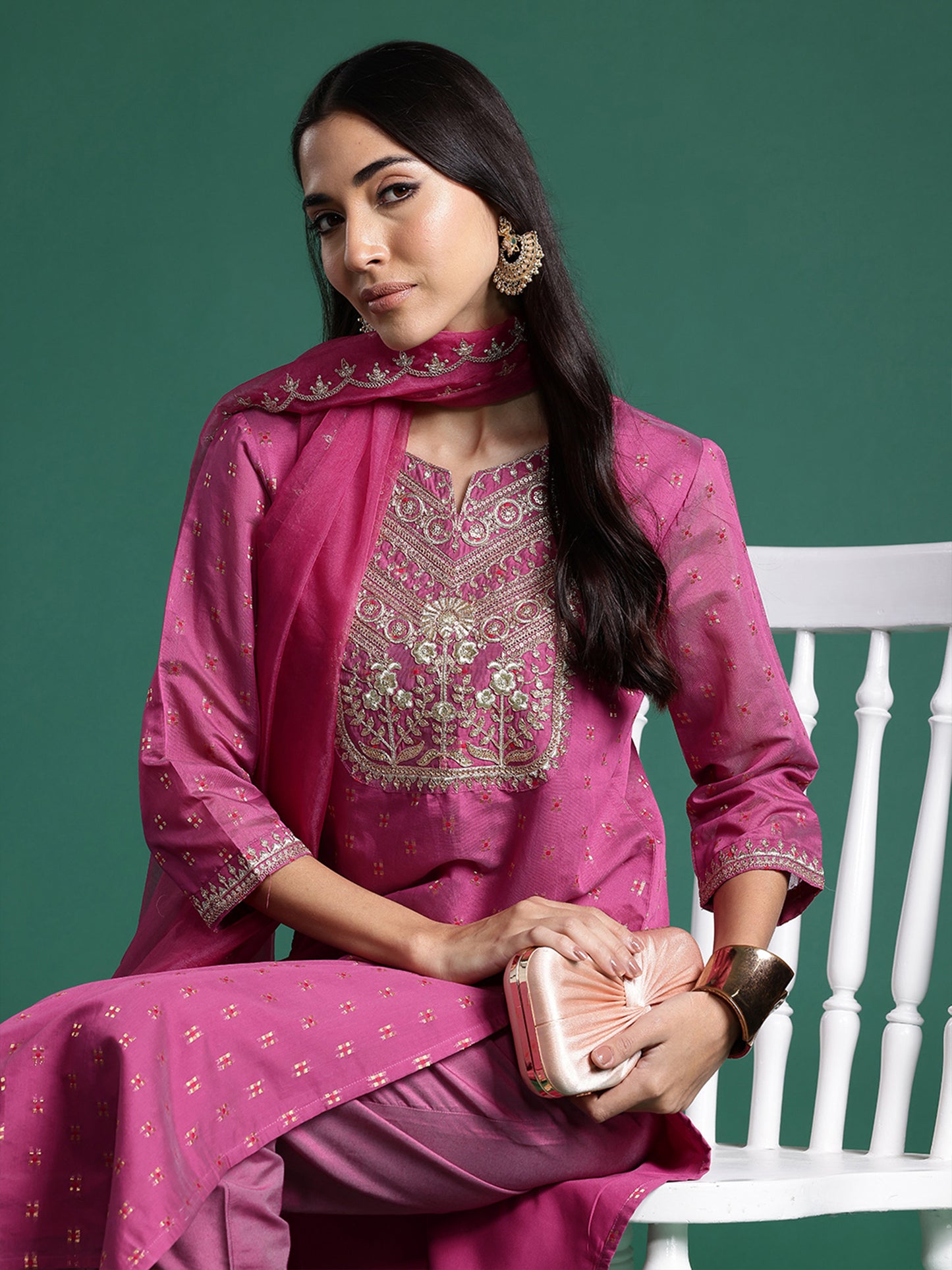 IE Mauve Embroidered Straight Kurta Trousers With Dupatta Set