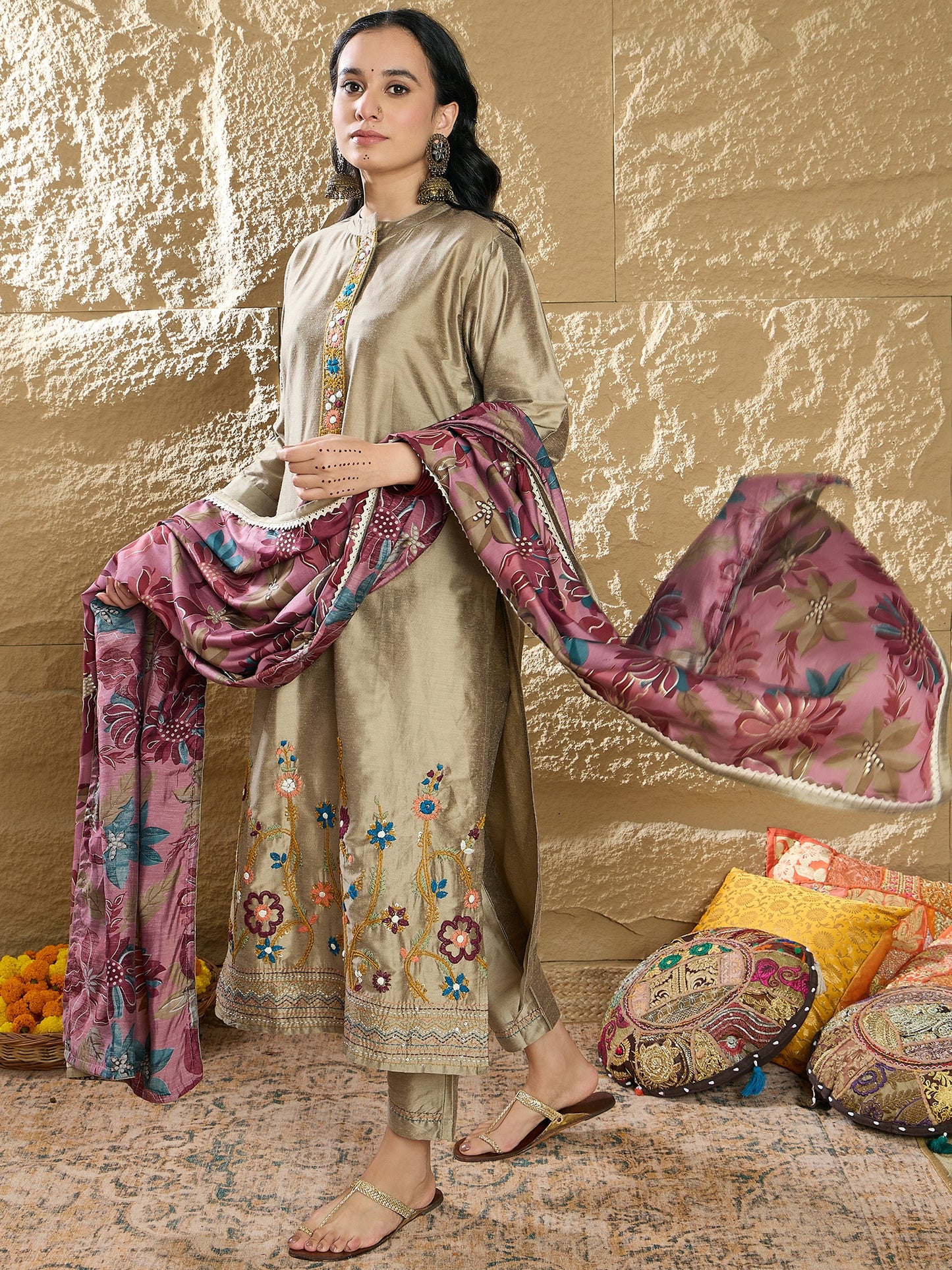 IE Beige Embroidered Straight Kurta Trousers With Dupatta Set