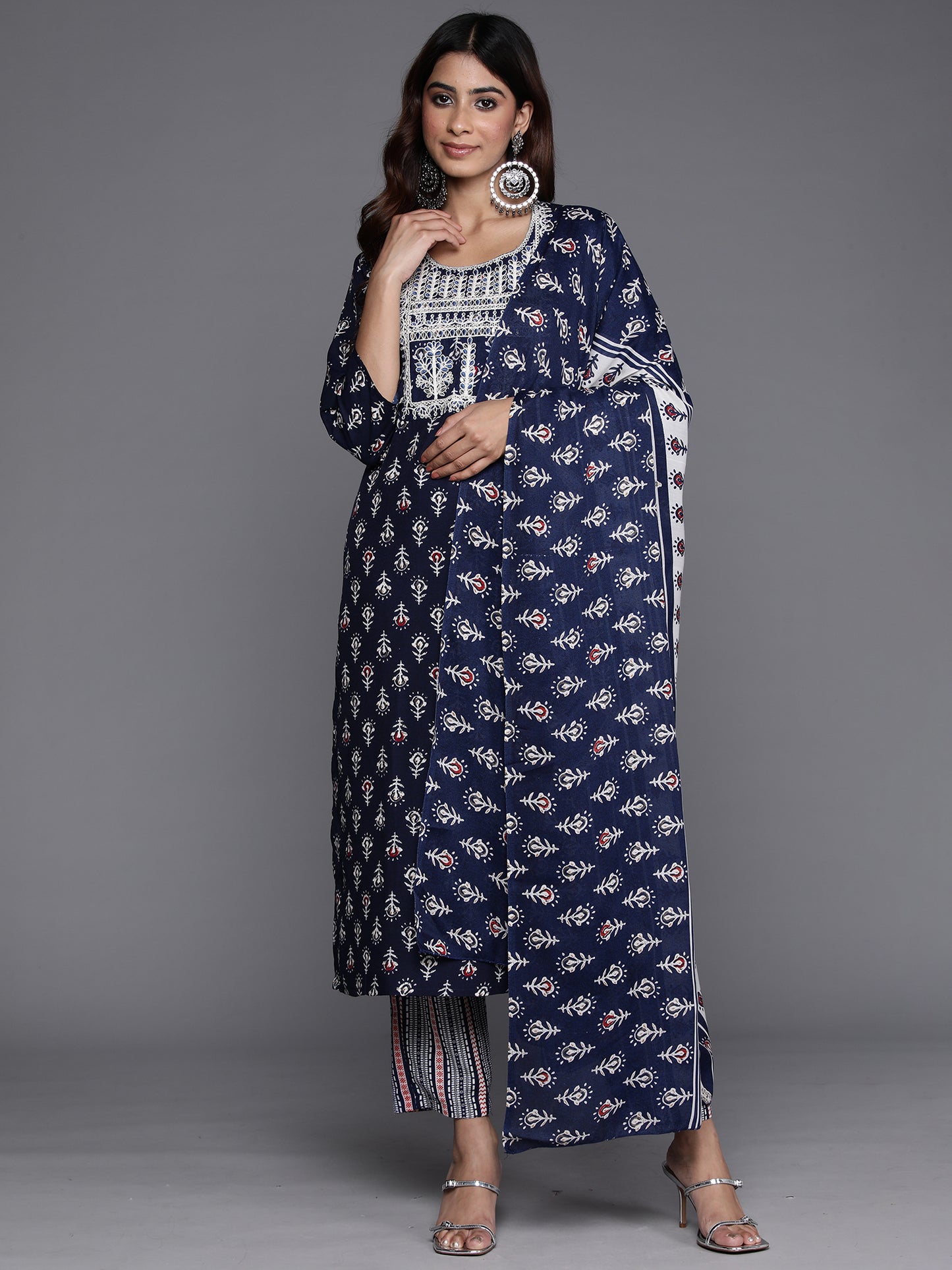 IE Navy Blue Printed Straight Kurta Trousers With Dupatta Set