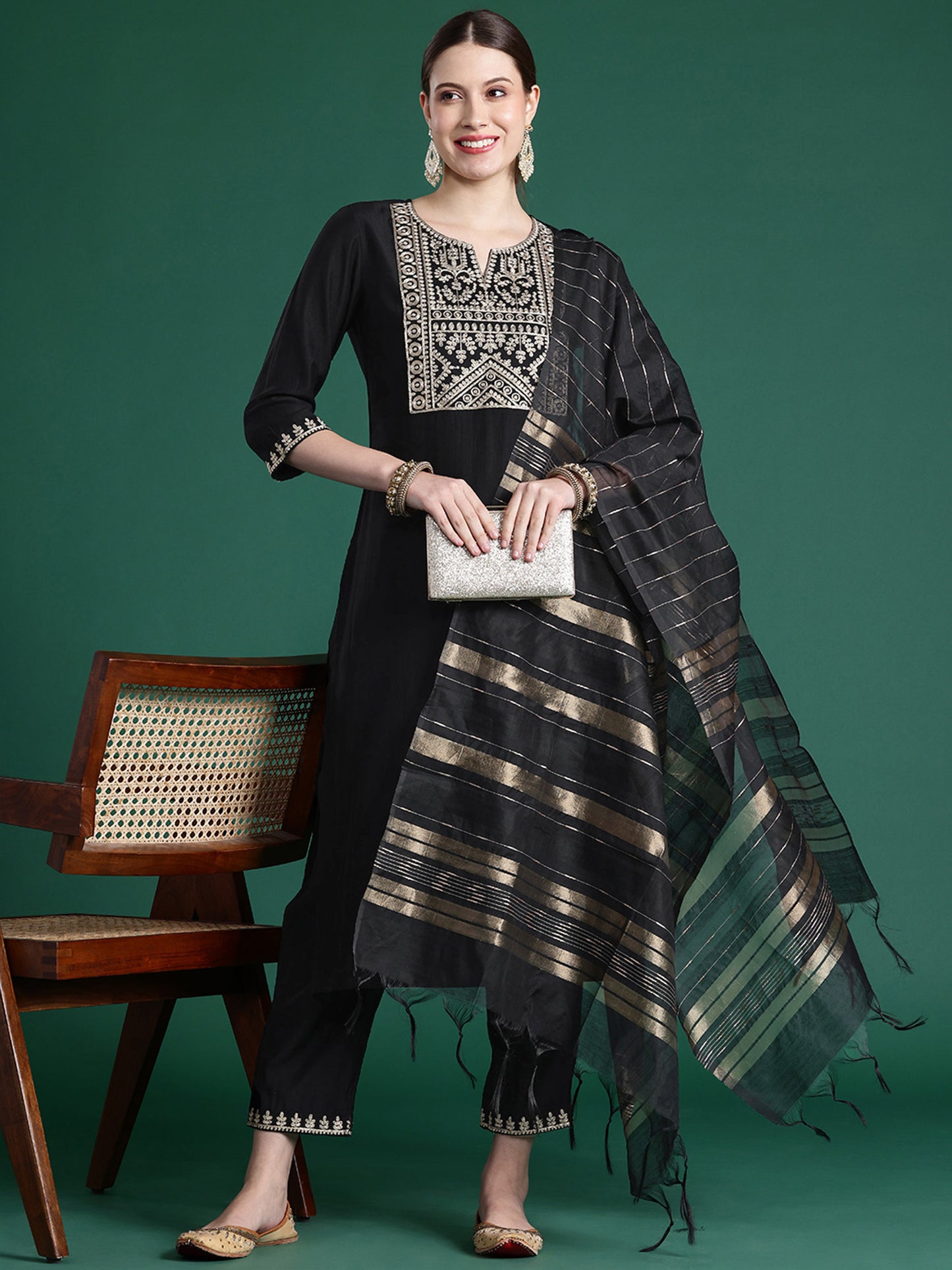 IE Black Embroidered Straight Kurta Trousers With Dupatta set