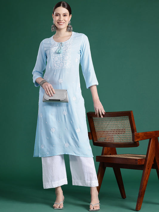 IE Blue Embroidered Straight Kurtas