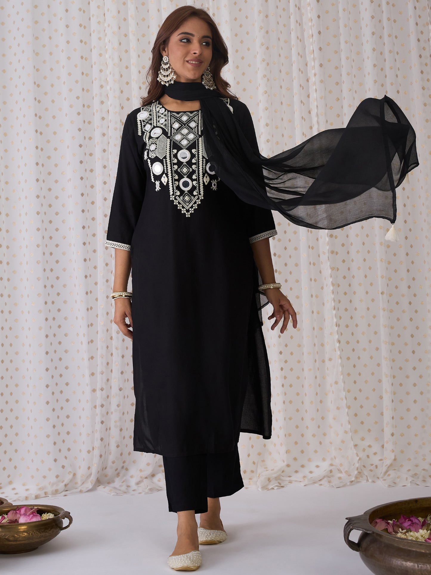 IE Black Embroidered Straight Kurta Trousers With Dupatta set