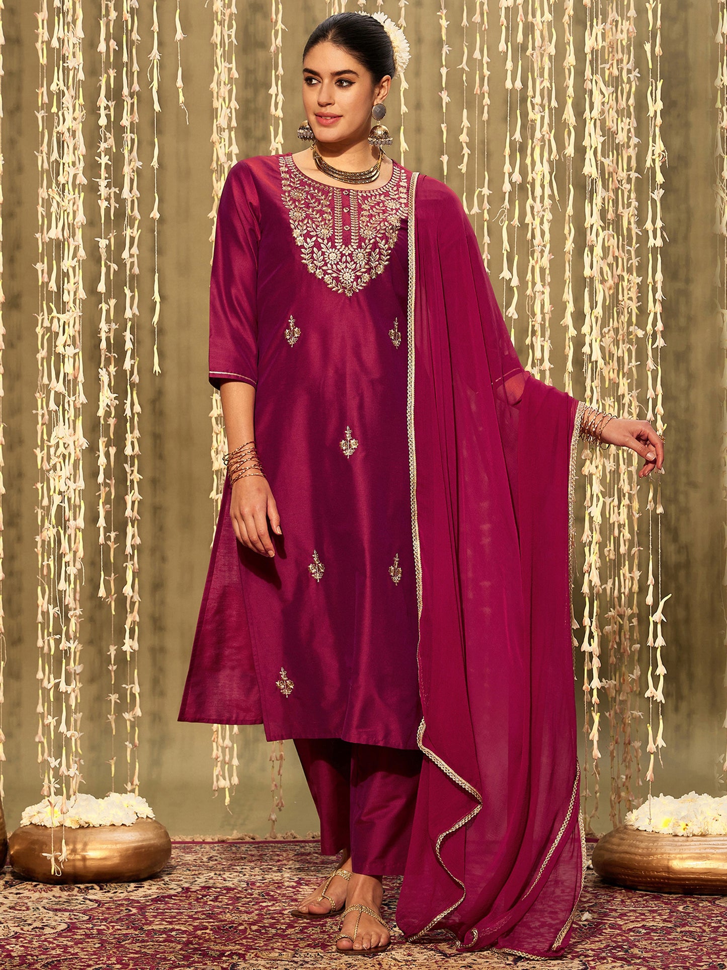 IE Magenta Embroidered Straight Kurta Trousers With Dupatta set