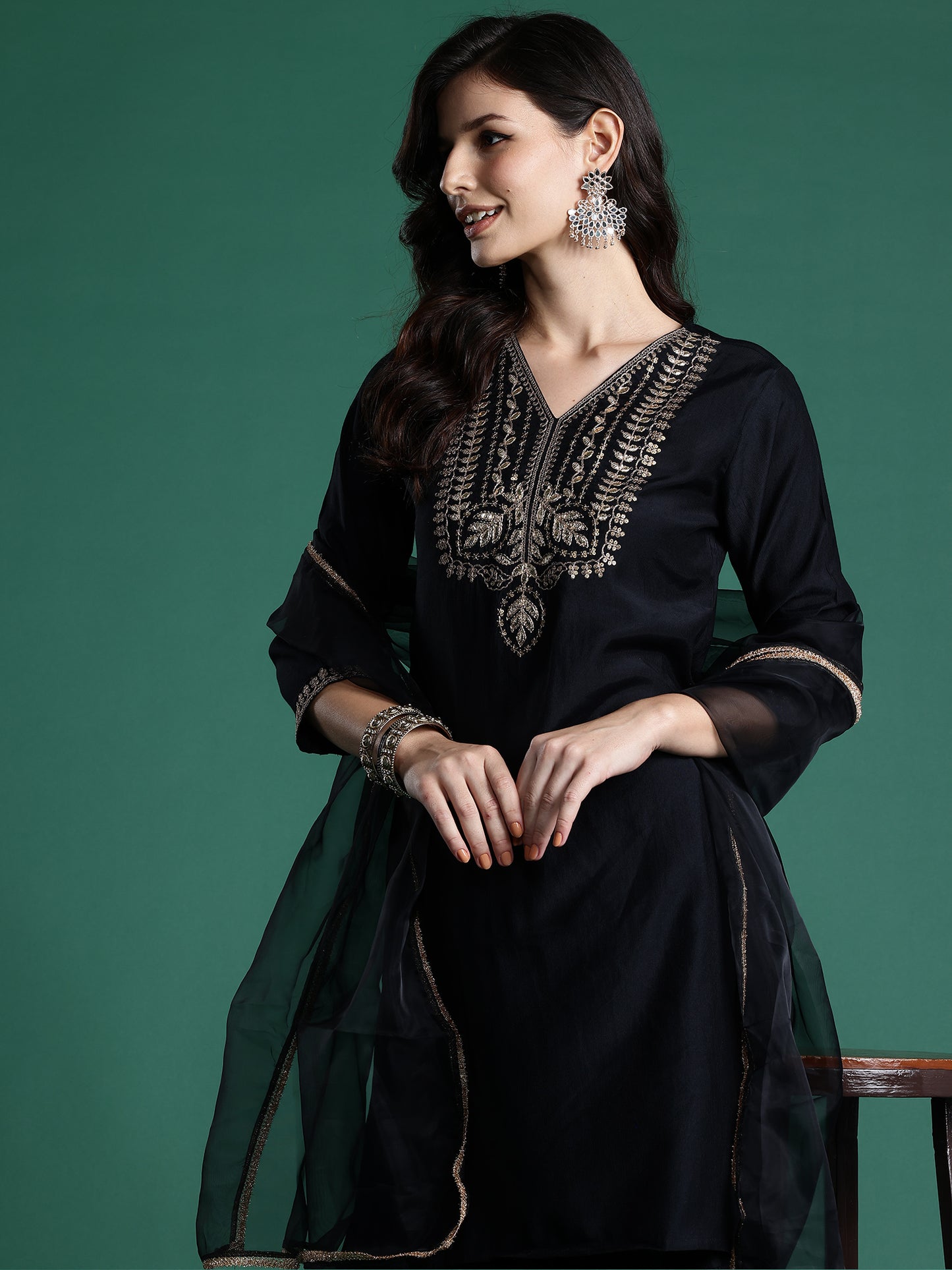 IE Black Embroidered Straight Kurta Sharara With Dupatta  Set