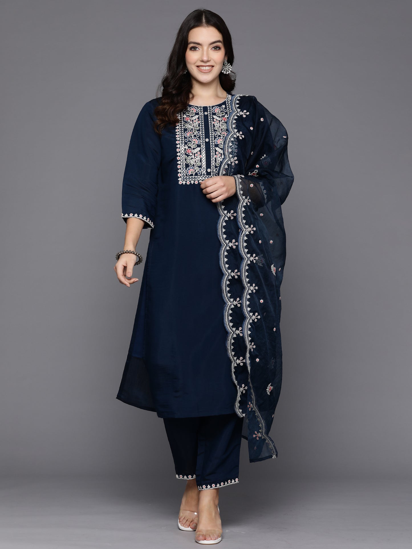 IE Teal Embroidered Straight Kurta Trousers With Dupatta set