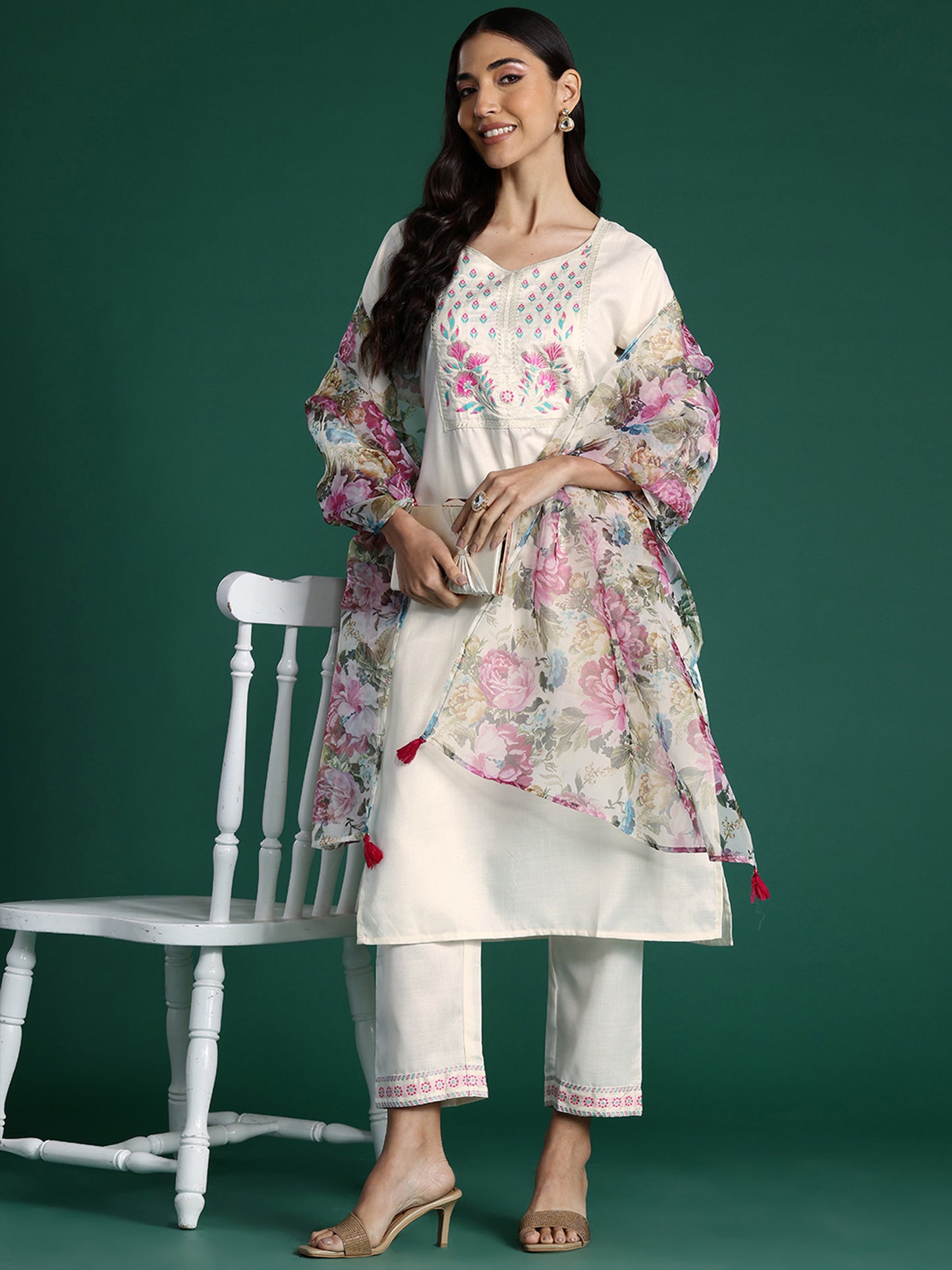 IE White Yoke Design Straight Kurta Trousers With Dupatta set