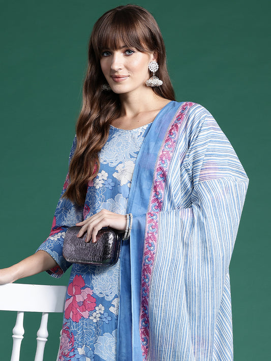 IE Blue Printed Straight Kurta Trousers With Dupatta set