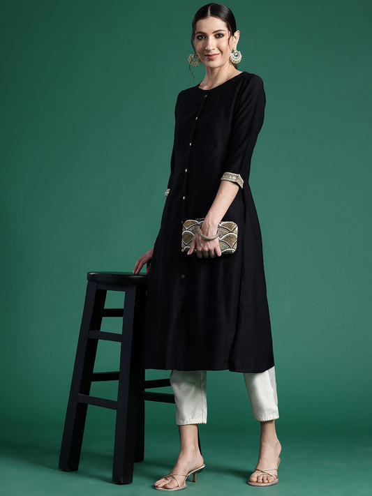 IE Black Embroidered A-Line Kurtas