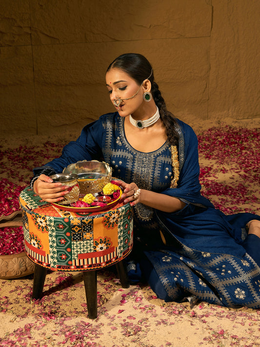 IE Blue Embroidered Straight Kurta Trousers With Dupatta set