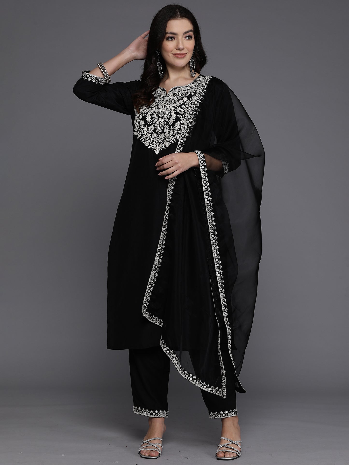 IE Black Embroidered Straight Kurta Trousers With Dupatta set