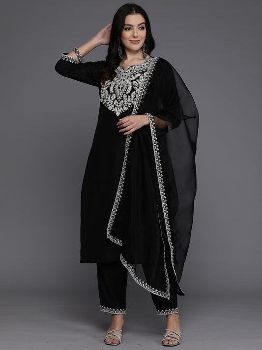 IE Black Embroidered Straight Kurta Trousers With Dupatta set