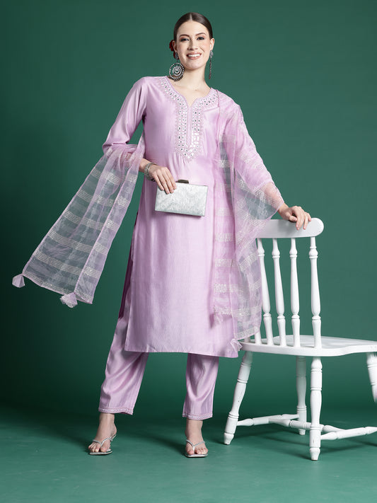 IE Lavender Embroidered Straight Kurta Trousers set