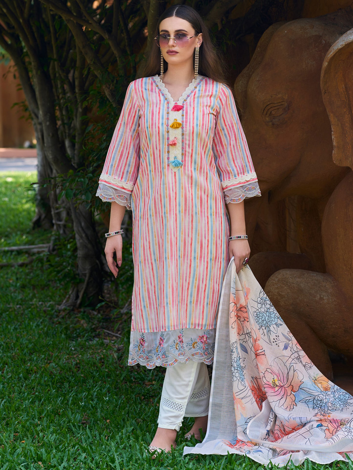 IE Multi Striped Straight Kurta Trousers With Dupatta set