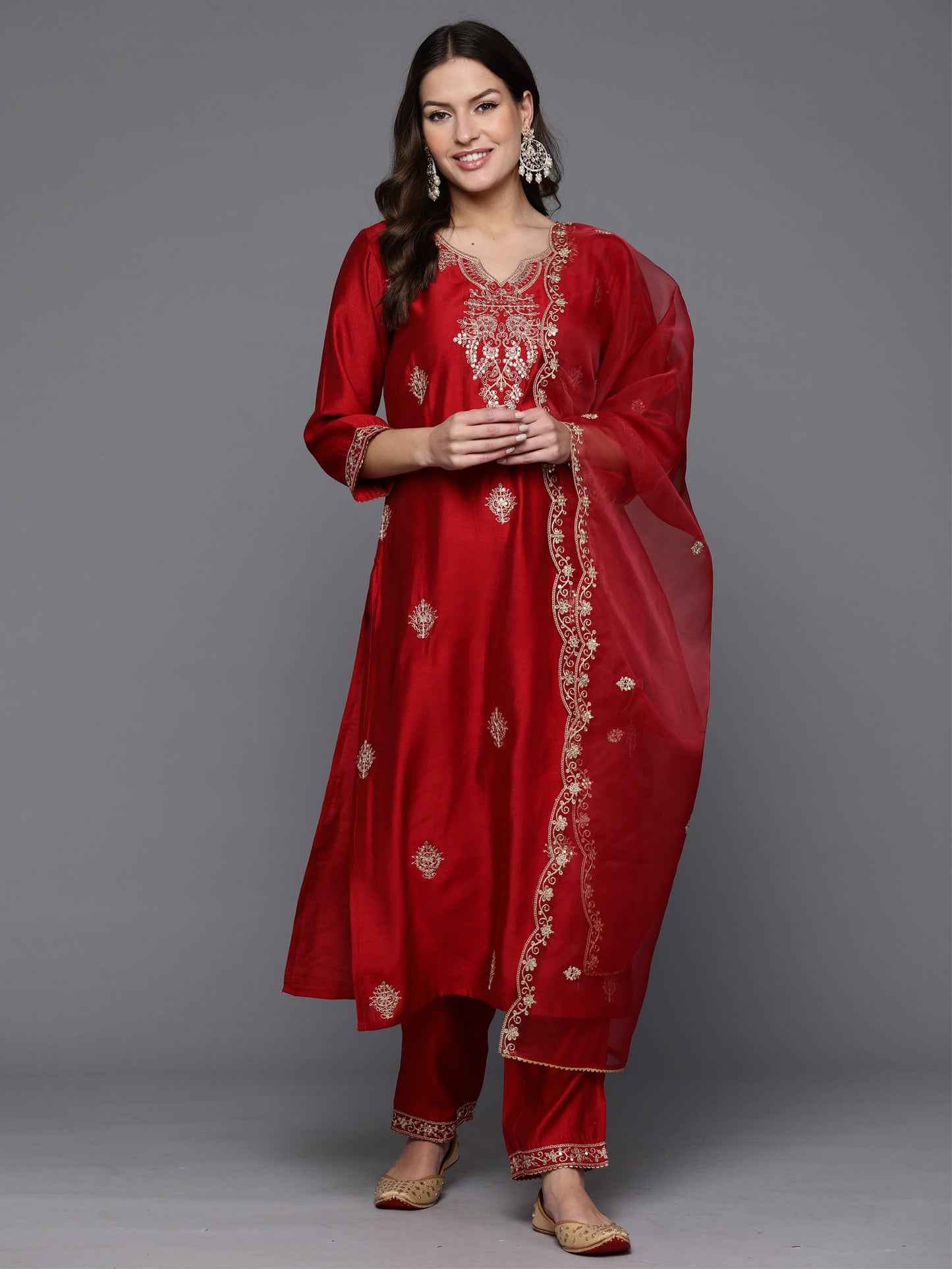 IE Red Embroidered Straight Kurta Trousers With Dupatta Set