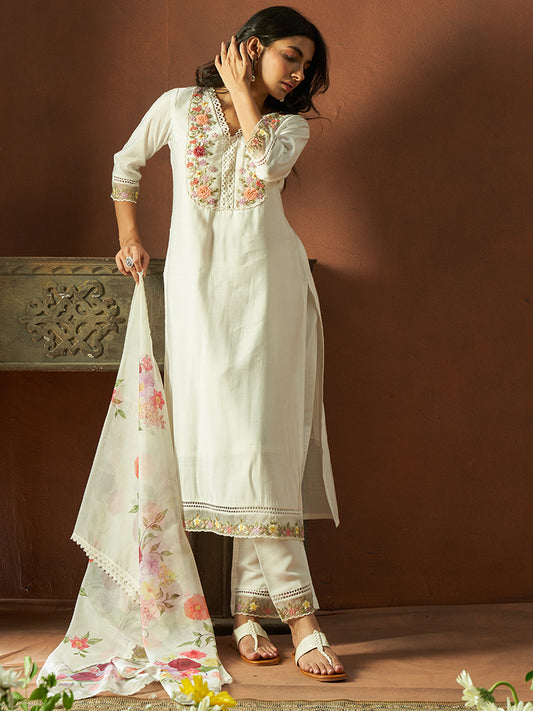 IE White Embroidered Straight Kurta Trousers With Dupatta set