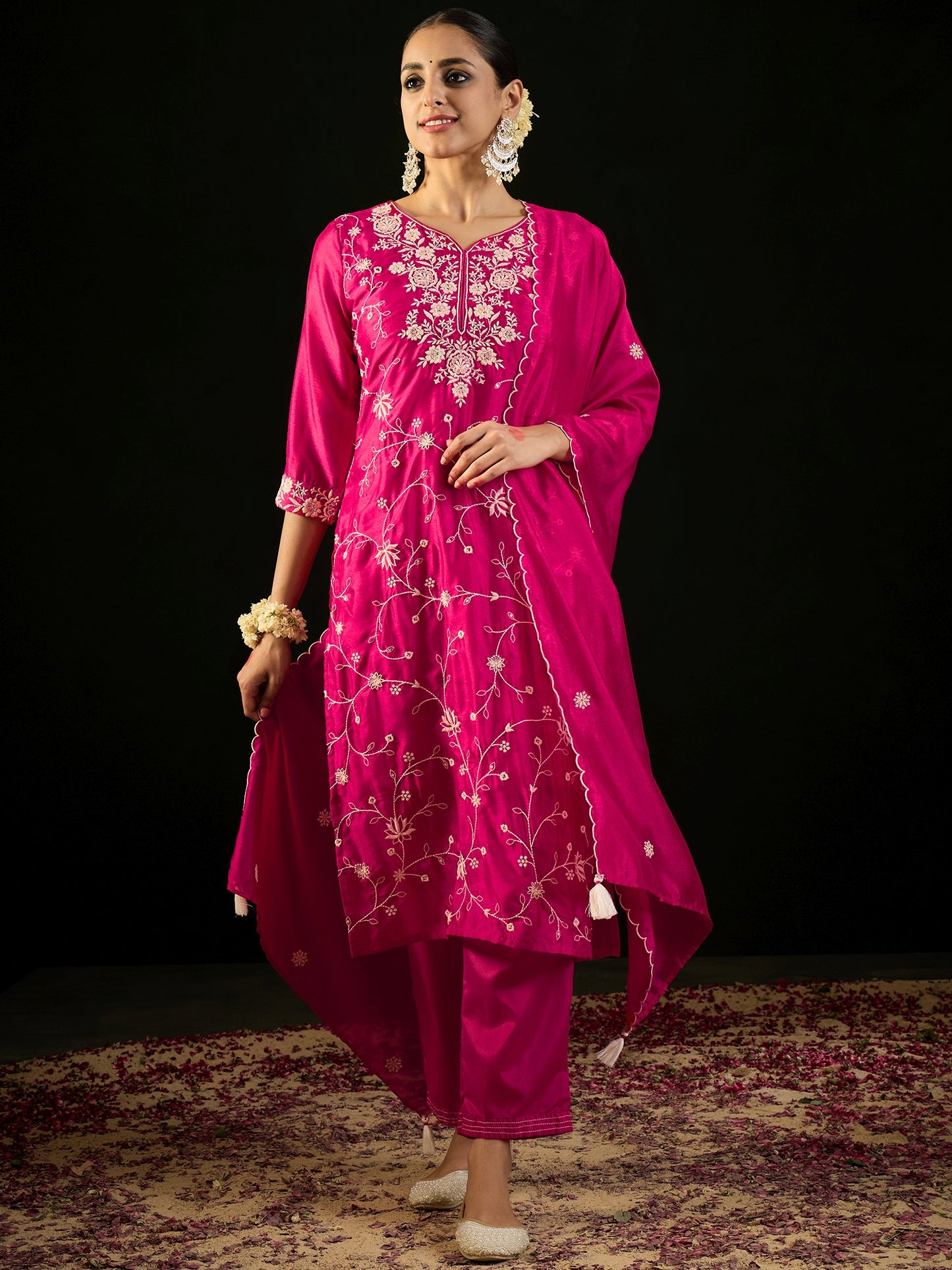 IE Pink Embroidered Straight Kurta Trousers With Dupatta set