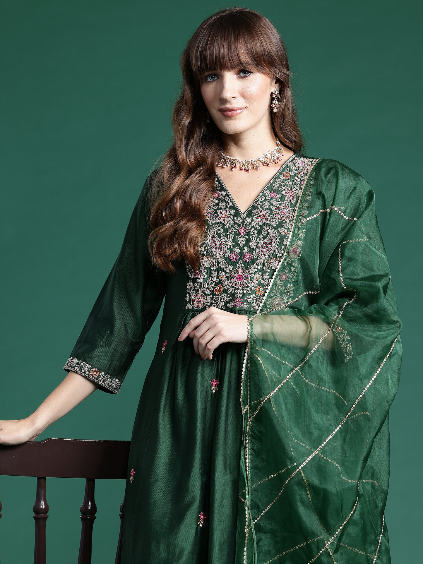 IE Green Embroidered A-Line Kurta Trousers set