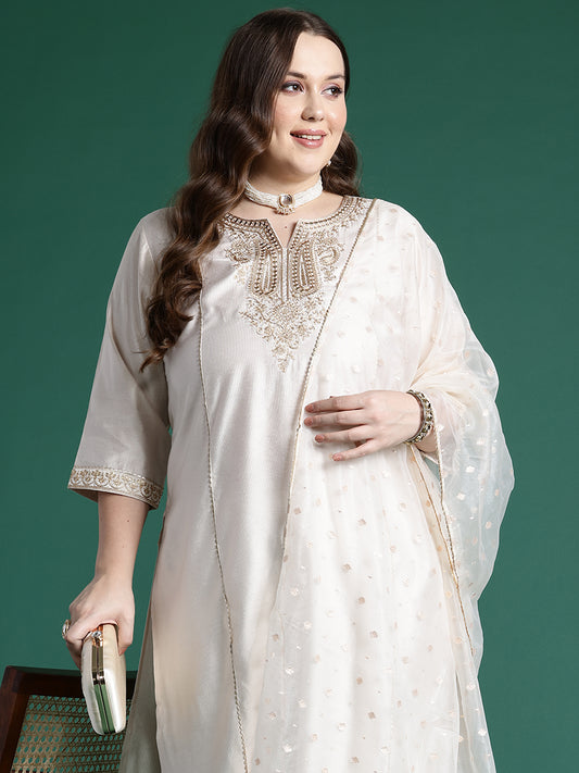 IE Off White Embroidered Straight Kurta Trousers With Dupatta set