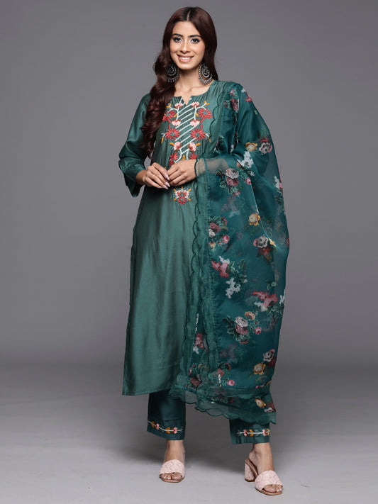 IE Teal Embroidered Straight Ethnic Kurta Trousers With Dupatta Set