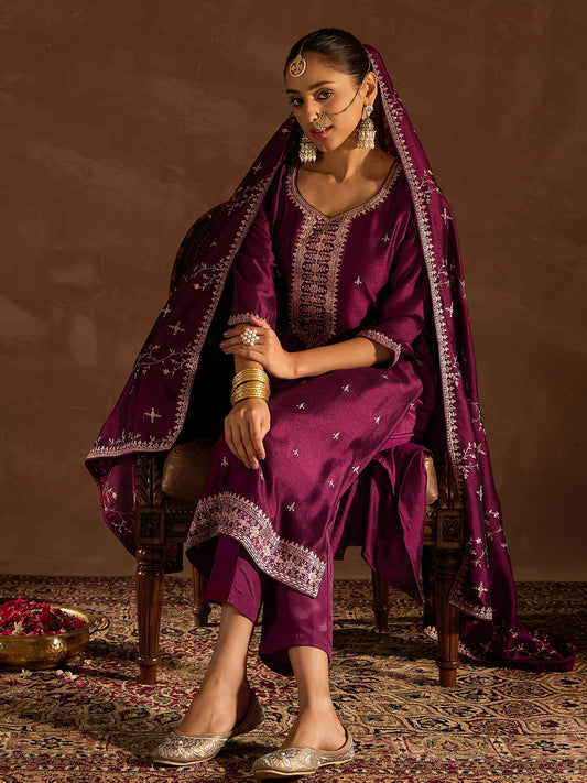 IE Burgundy Embroidered Straight Kurta Trousers With Dupatta set