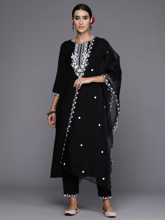 IE Black Embroidered Straight Kurta Trousers With Dupatta Set