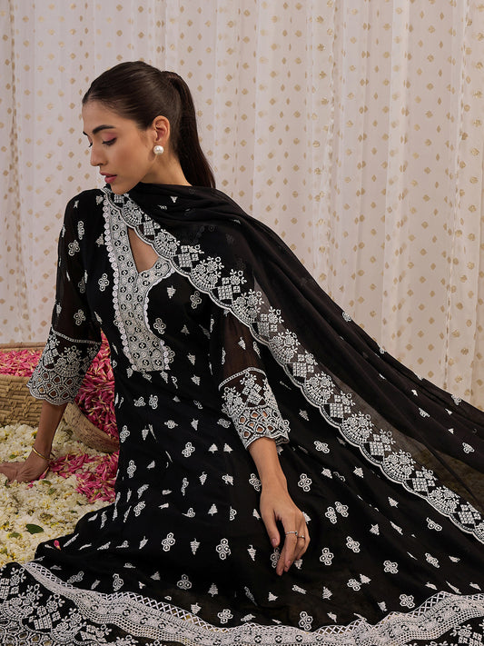 IE Black Embroidered Straight Kurta Trousers With Dupatta set