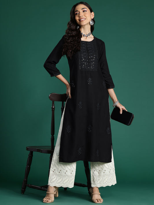 IE Black Embroidered Straight Kurtas