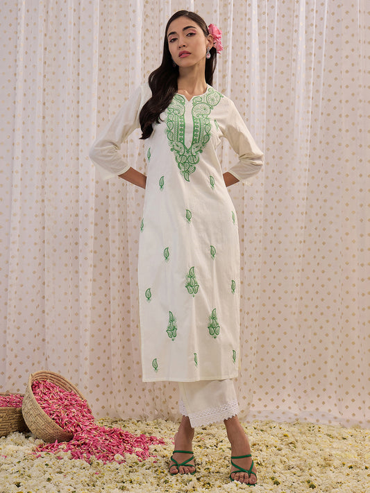 IE White Embroidered Straight Kurtas