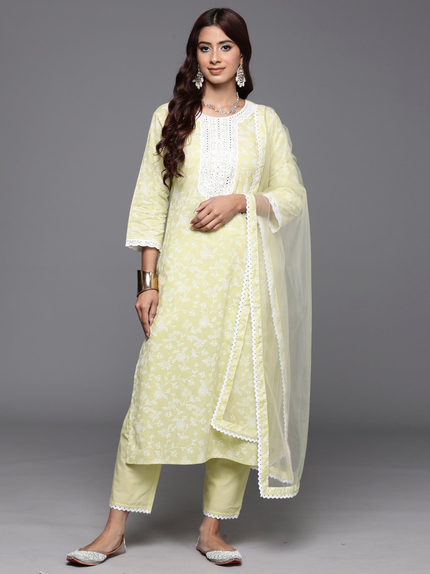 IE Green Embroidered Straight Kurta Trousers With Dupatta Set