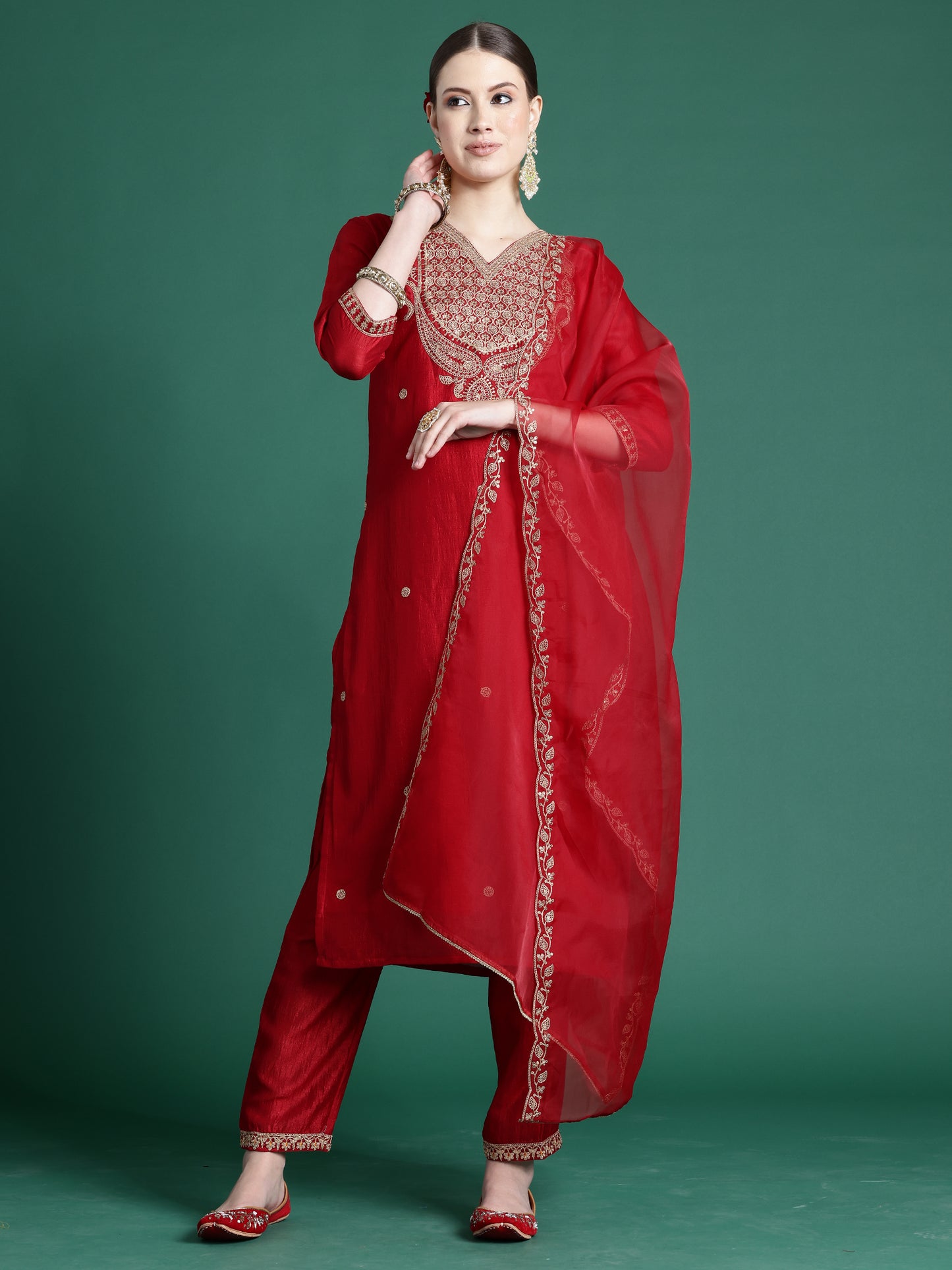 IE Red Embroidered Straight Kurta Palazzos With Dupatta set