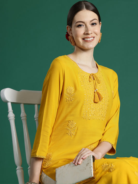 IE Mustard Embroidered Straight Kurtas