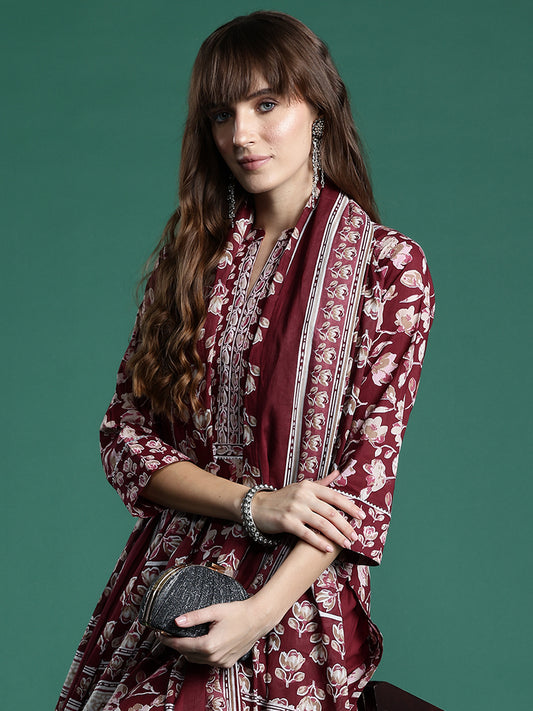 IE Maroon Printed Straight Kurta Trousers With Dupatta set