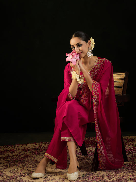 IE Magenta Embroidered Straight Kurta Trousers With Dupatta set