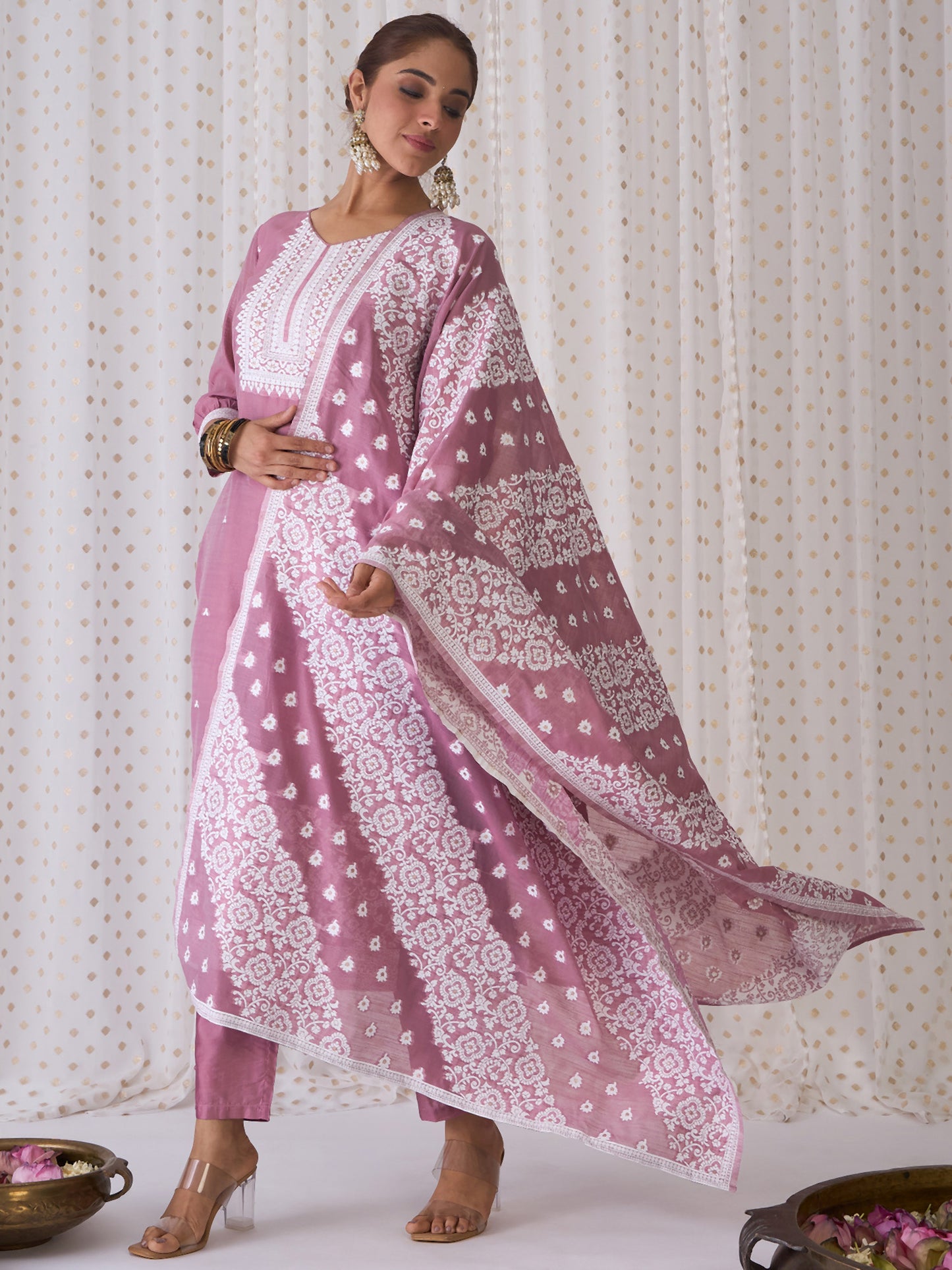 IE Mauve Woven Design Straight Kurta Trousers With Dupatta set