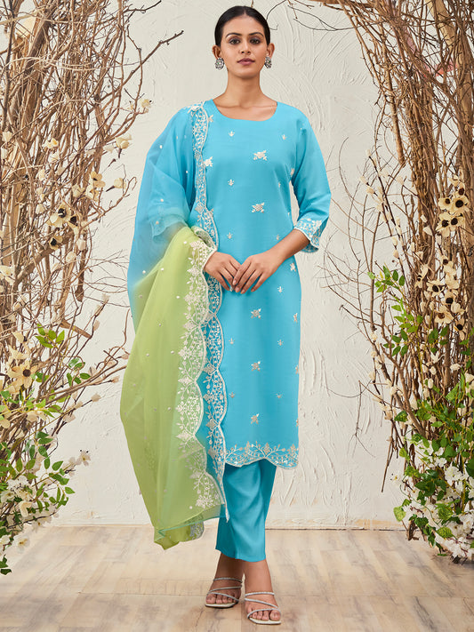 IE Blue Straight Embroidered Kurta Trousers With Dupatta Set