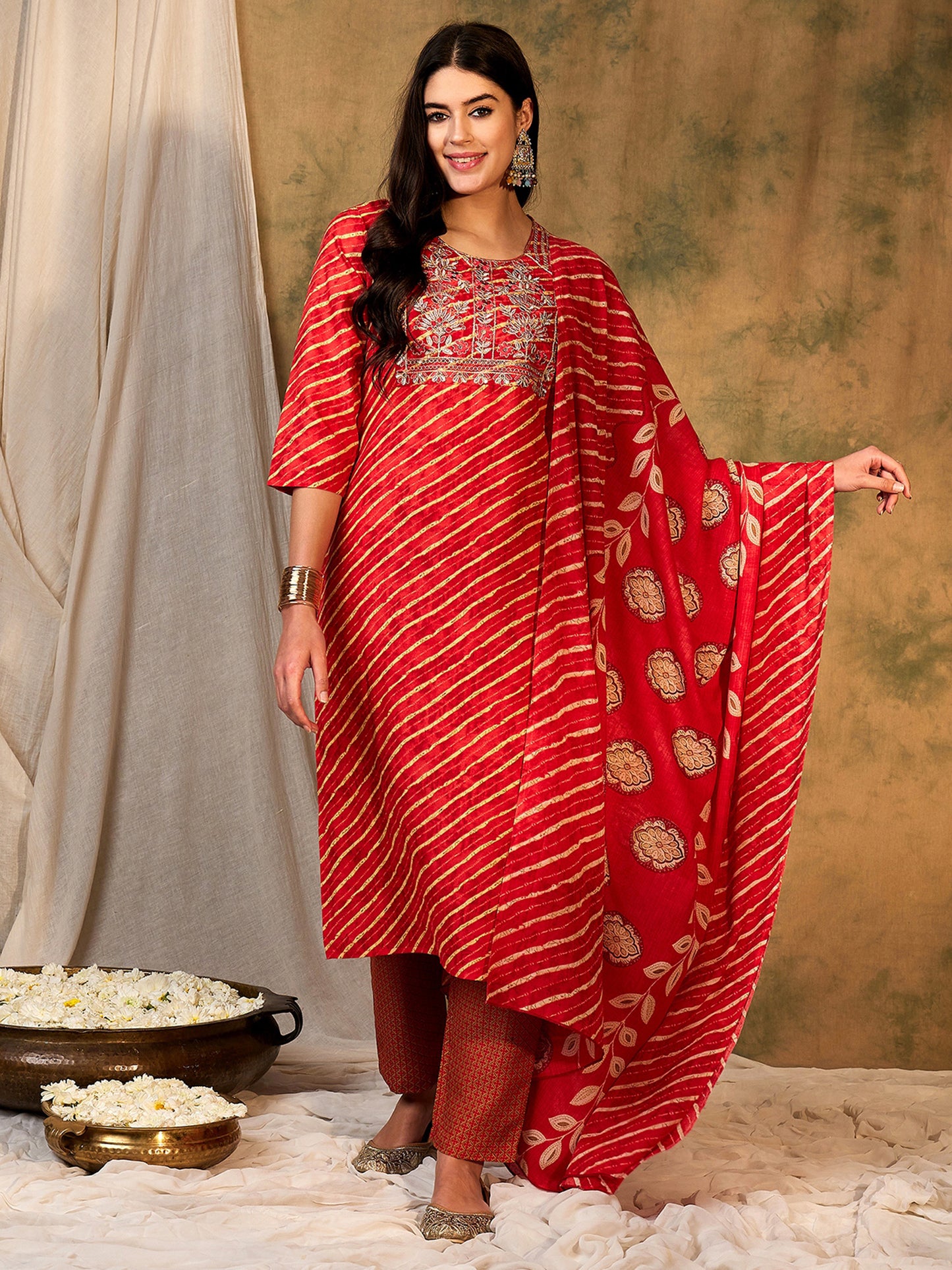 IE Red Printed Straight Kurta Trousers With Dupatta set