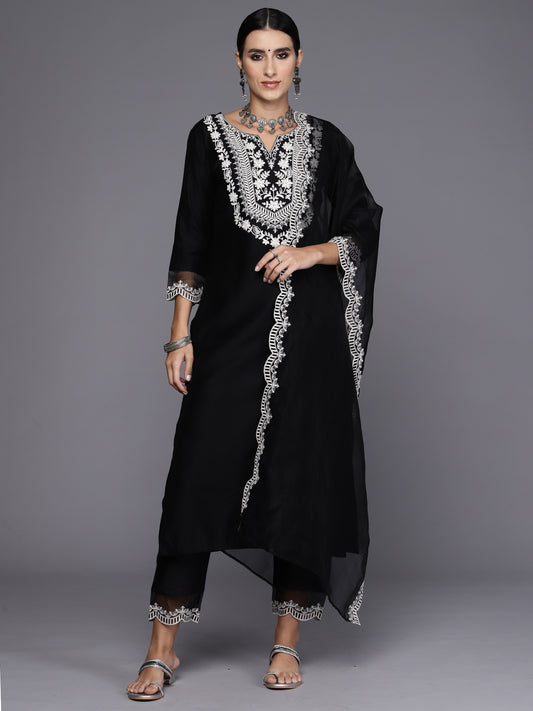 IE Black Embroidered Straight Kurta Trousers With Dupatta Set