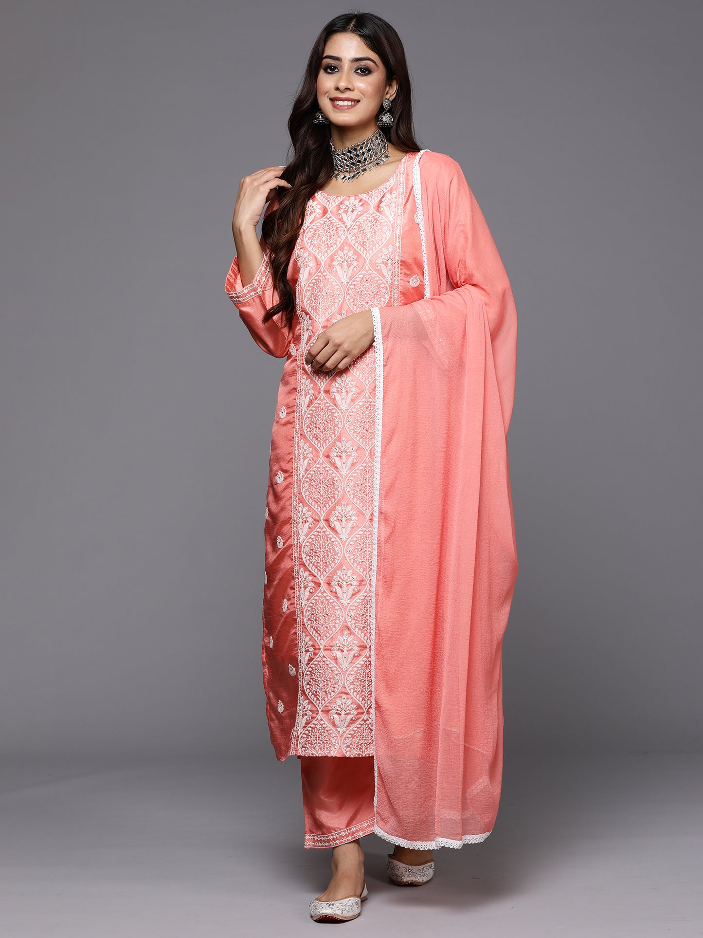 IE Peach Embroidered Straight Kurta Trousers With Dupatta Set