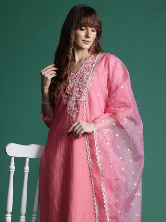 IE Pink Embroidered Straight Kurta Trousers With Dupatta Set